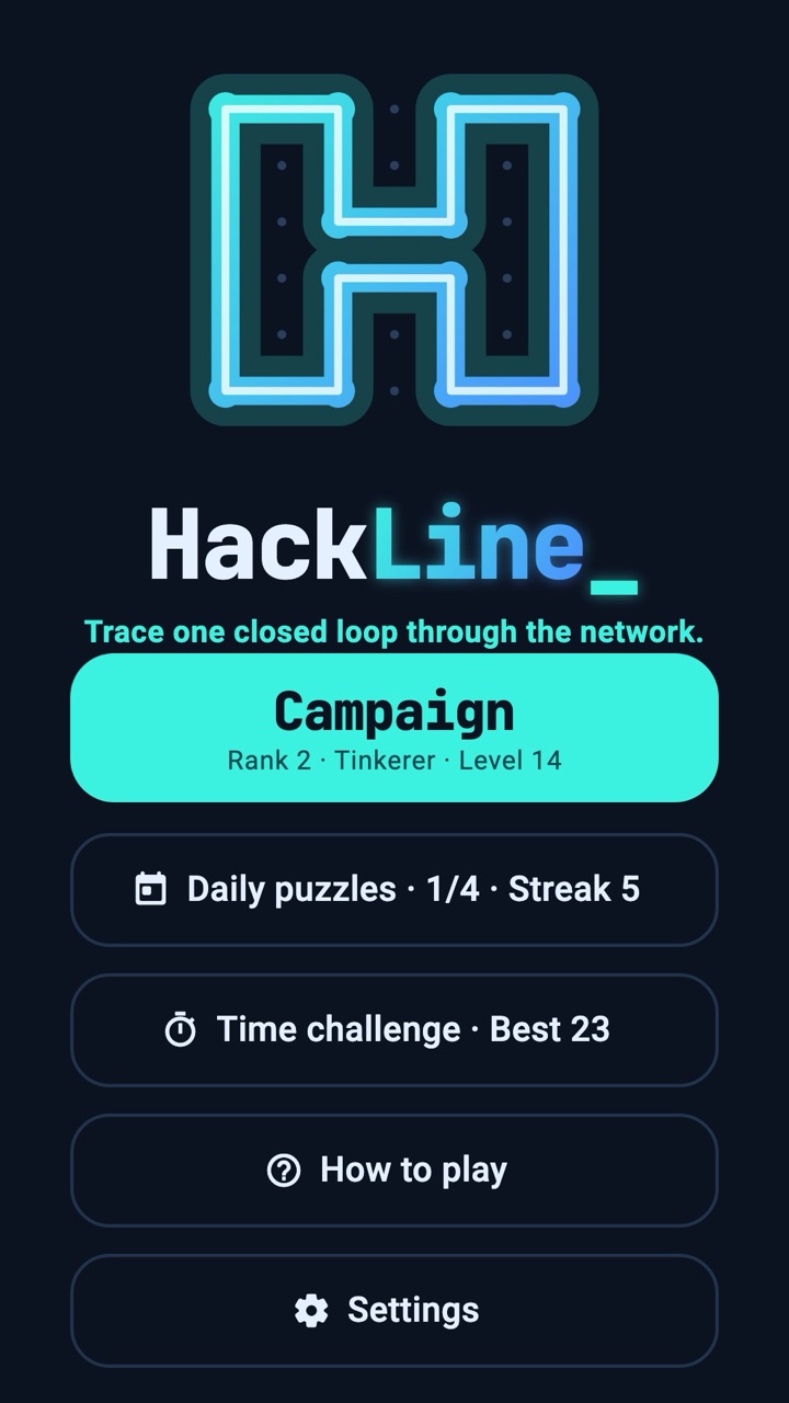 HackLine home screen with Campaign, Daily puzzles and Time challenge