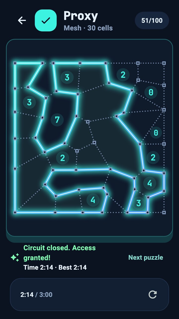 A solved random-mesh puzzle: circuit closed, access granted